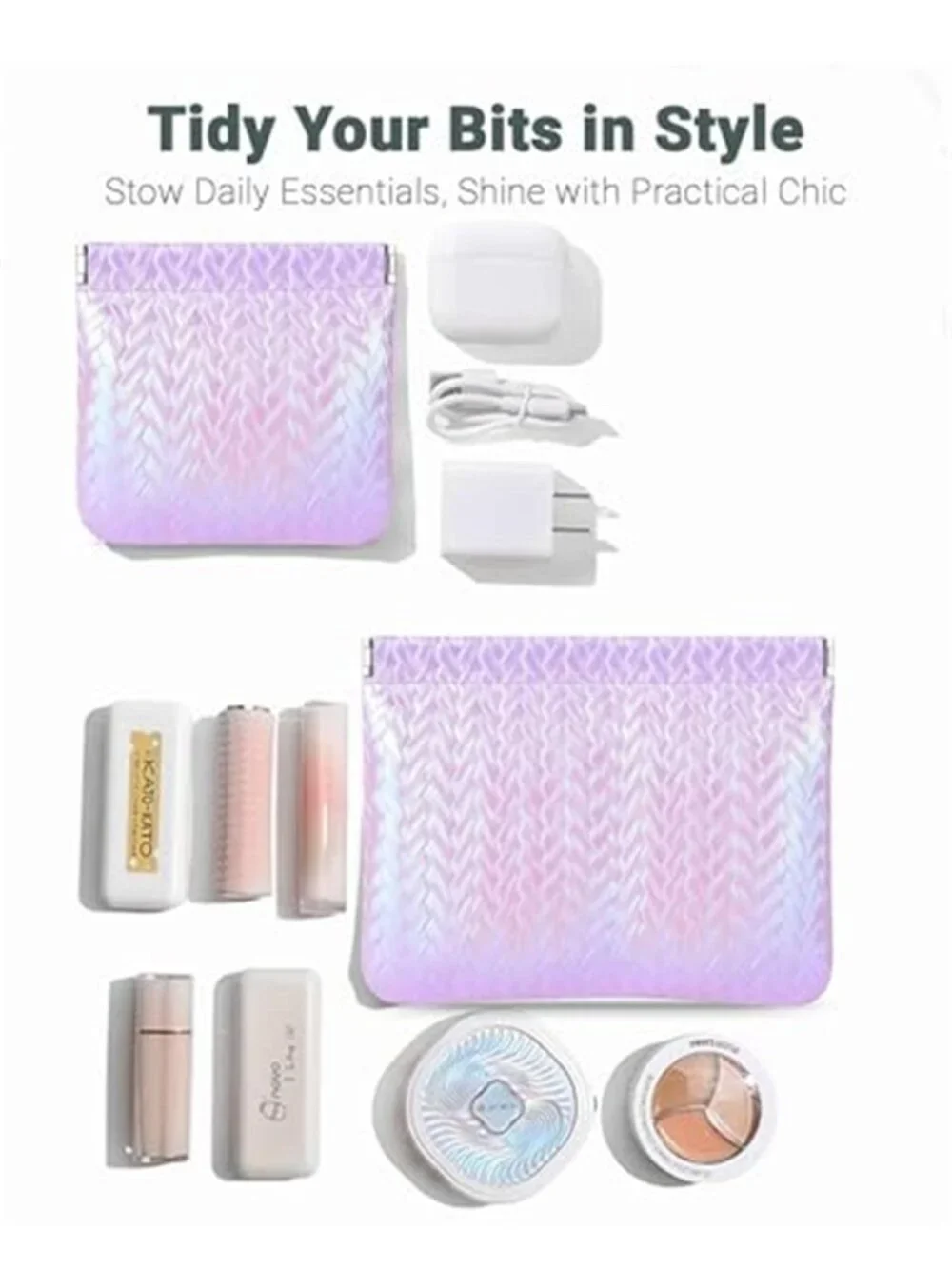 2 Pack Holographic Woven Cosmetic Pouch PU Leather Snap Closure